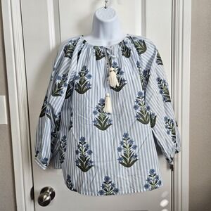 THML Women's Blue Striped Floral Shirt Top Medium
